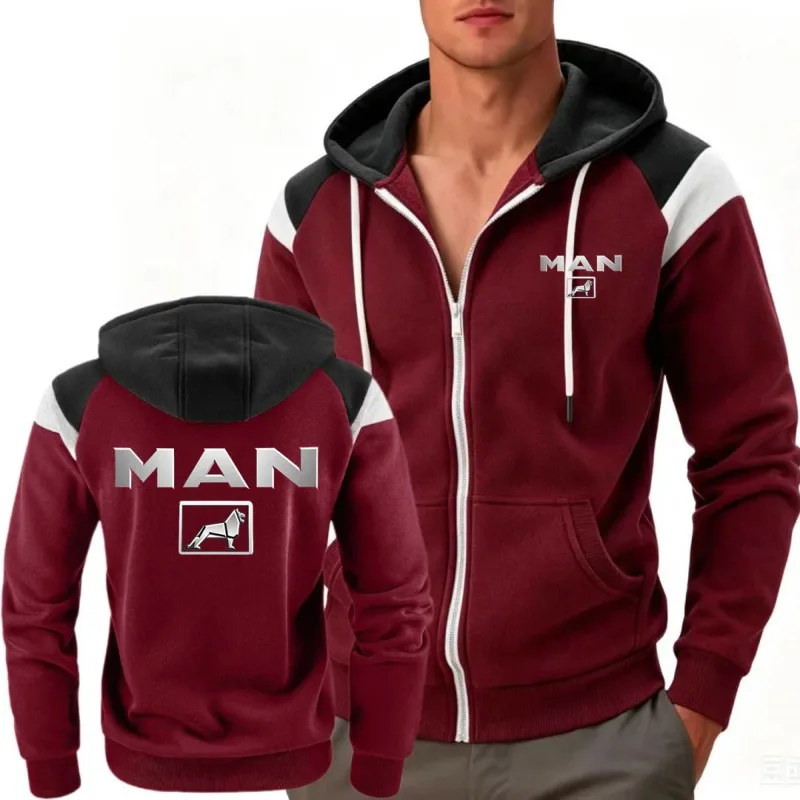 Men's Windproof Fleece Hooded Jacket Block Contrast Sportswear Comfortable Fashionable Truck Man Hoodies Sweatshirts