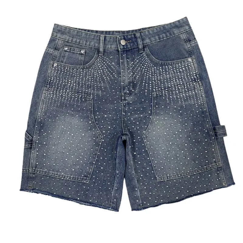 Pants Denim Men Jeans Knee Length Hot Drilling Vintage Washed High Waist Straight Trousers Y2k Streetwear Splice Casual 2026