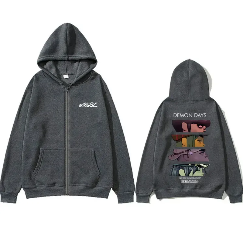 Rock Band Gorillaz Demon Days Eyes Graphic Zipper Hoodie Men Hip Hop Fashion Oversized Zip Up Jacket Unisex Zip Up Sweatshirt