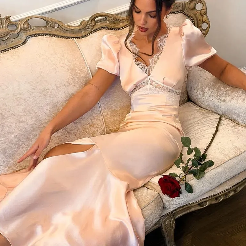 Long Dresses V-Neck Fashion Sheath Party Daily Casual French For Women Soft Gentle Solid Lace Spliced Short Sleeves Summer