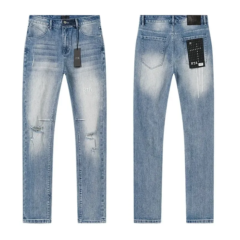 New RTA Destroyed Scratch Hole Light Blue Distressed Jeans Men's High Street Elastic Slim Fit Jeans 2026 Brand Pants Streetwear