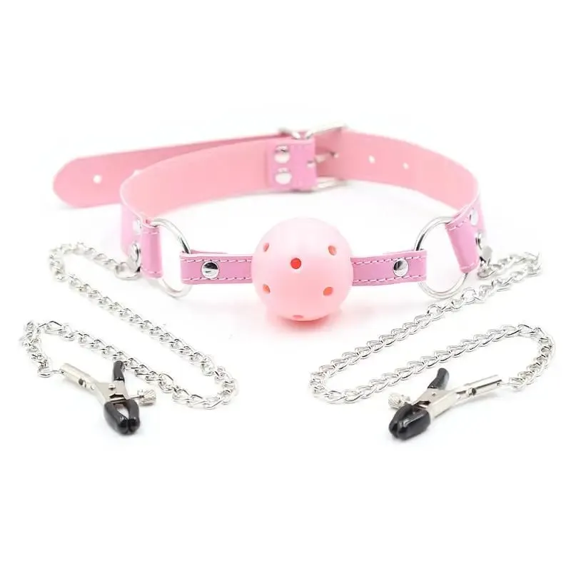 New Erotic Toy PU Leather Mouth Gag Ball Oral Sex With Chain Clip Breast Nipple Clamps Bondage Harness Sex Toys Adult Games