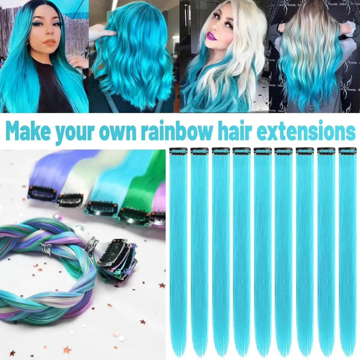 22 inch Colored Hair Extensions Light Blue Party Highlights Clip in Synthetic Hair Extensions Color Party Straight Hairpieces