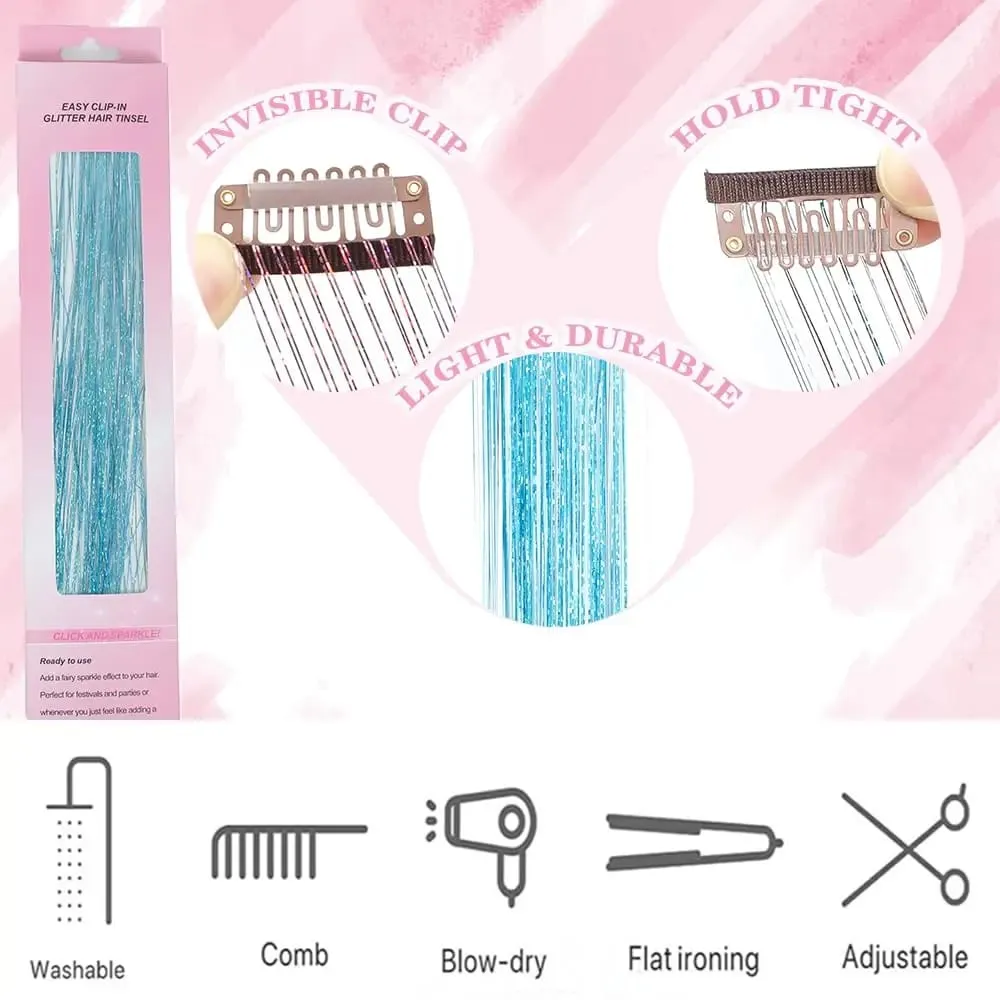 Synthetic Hair Clips in Glitter Tinsel Hair Extensions 20 Inch 6 PCS/Set Heat Resistant Sparkle Clip in Hair for Girls Women