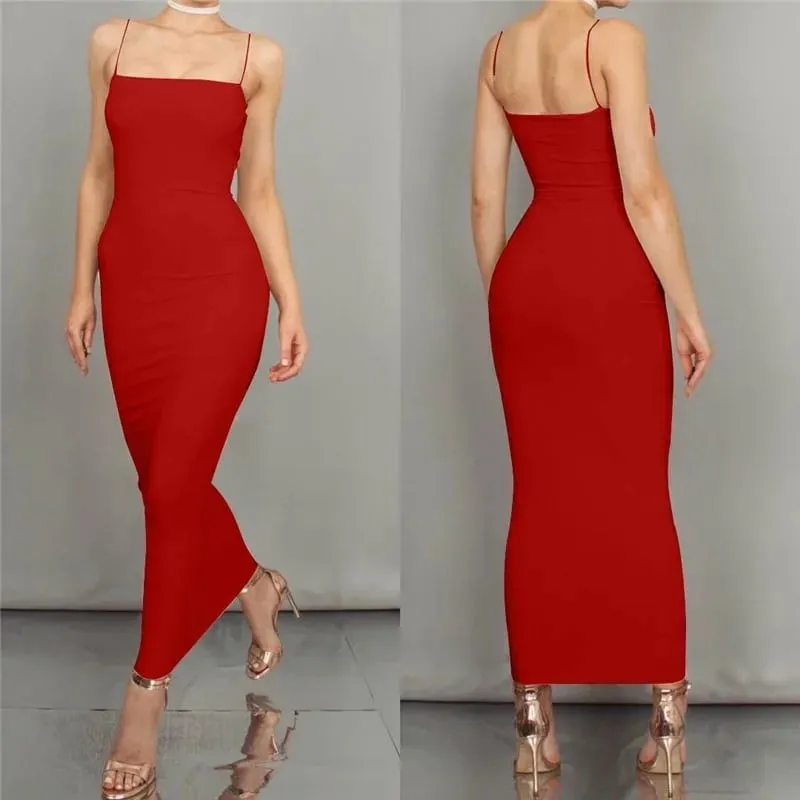 Women Sexy Bodycon Maxi Dress Spaghetti Strap Long Slip Dress Club Party Evening Wear Summer Fashion Dress