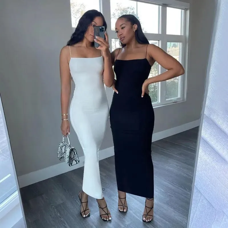 Summer New Strap Dresses Solid Sexy Women Streetwear Sheath Sleeveless Bodycon Dress Casual Elegant Party Ankle-Length Dresses