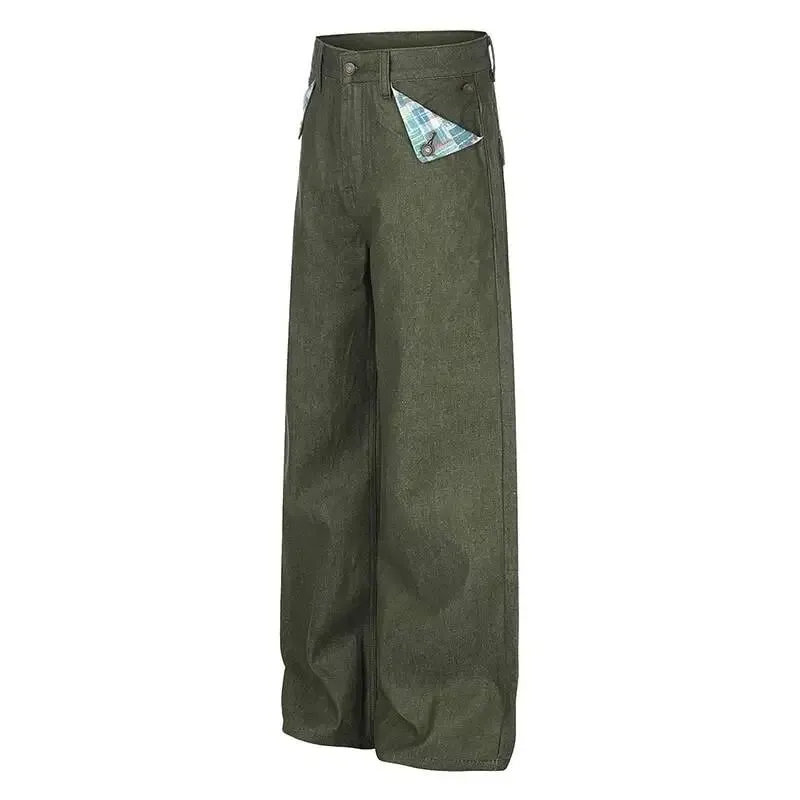 American Retro Style Army Green Wide Leg Jeans For Men Women Loose Versatile Casual Floor Length Denim Long Pants 9X4198