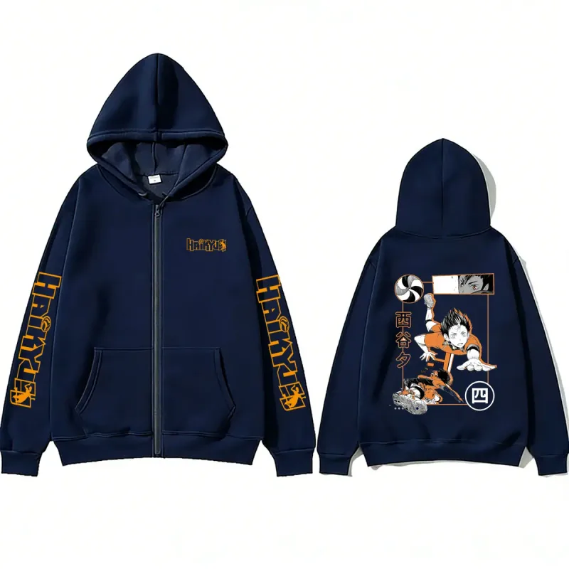 Anime Haikyuu Yu Nishinoya Graphic Zipper Hoodie Men Women Manga Cosplay Zip Up Jacket Men's Fleece Cotton Zip Up Sweatshirts