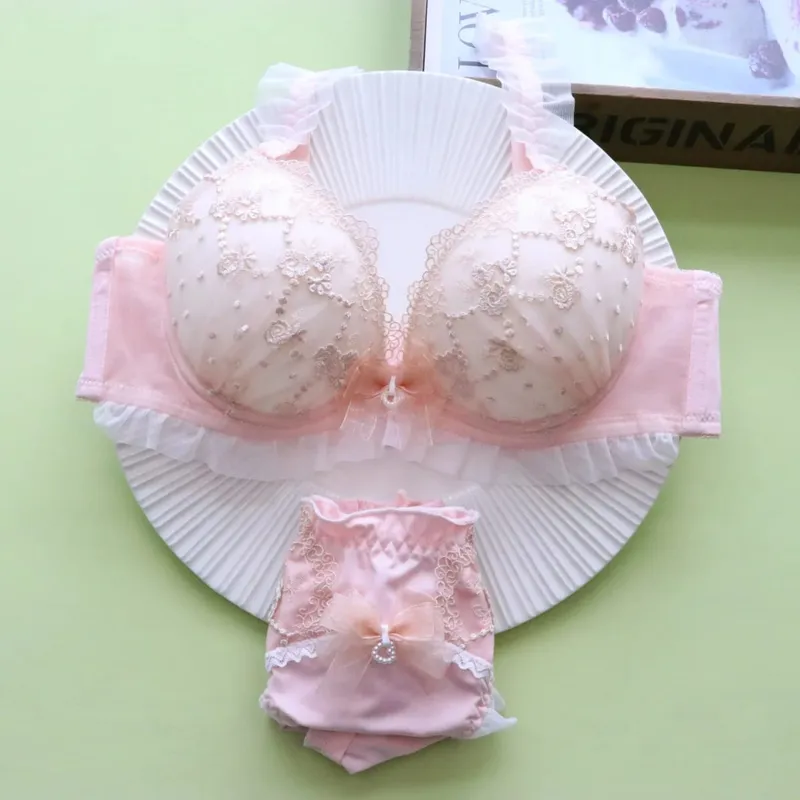 Conjunto de lencería de encaje sexy para mujer, sujetador con aros push-up con diseño de inmersión baja, transpirable y cómodo