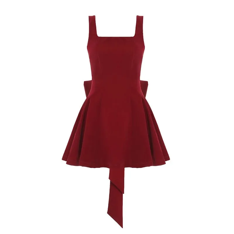 Moda vermelho bowknot mini vestido cintas gola quadrada sem mangas sem costas vintage bonito senhoras magro festa curto a-line vestidos