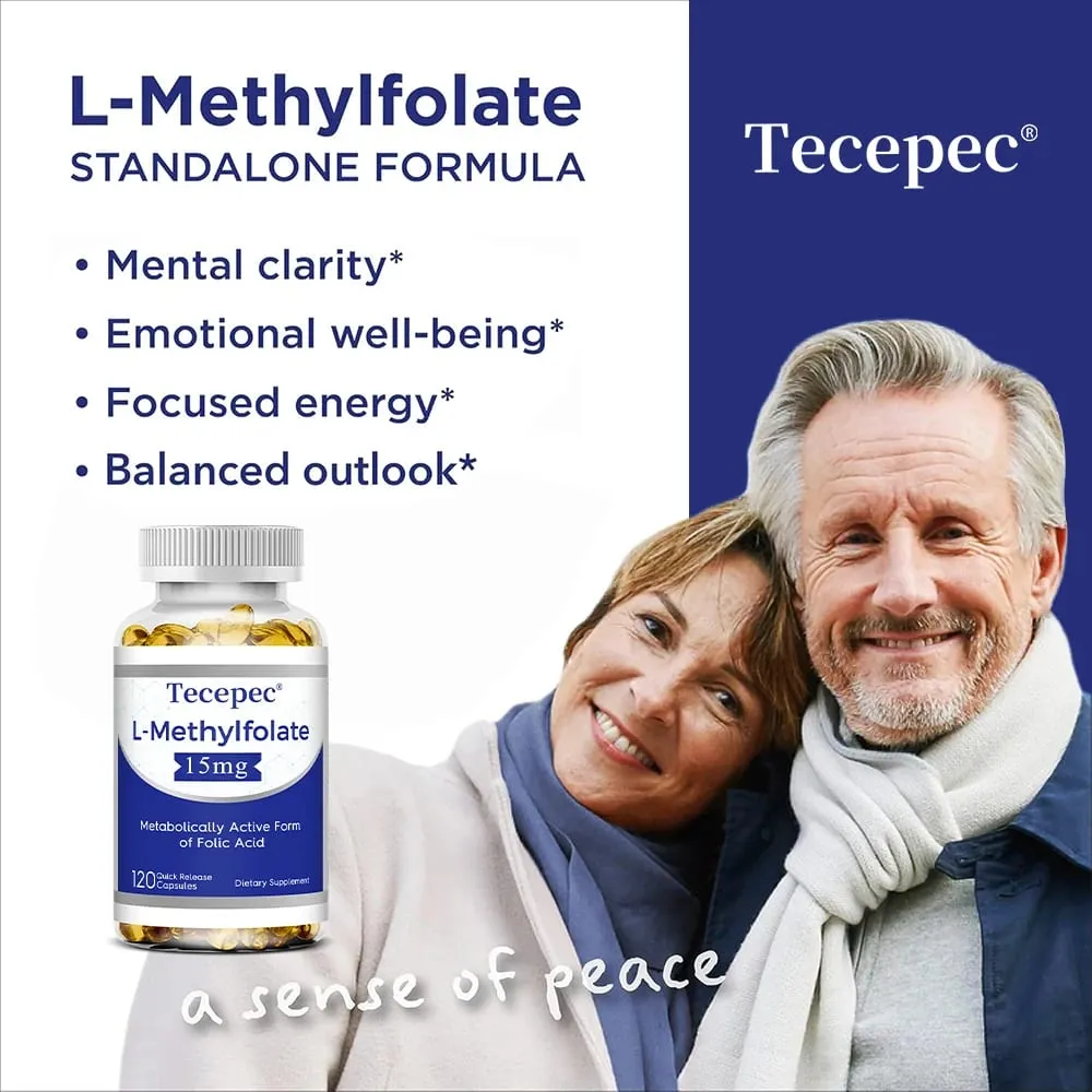 L-Methylfolate 15mg Supplement - Metabolically Active Form of Folic Acid Support Brain & Heart Health Non-GMO Gluten Free
