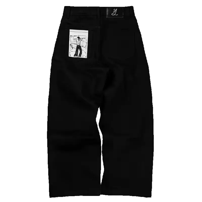Streetwear Casual Schwarz Breite Bein Jeans Männer Frauen Schwere Gesäßtasche Stickerei Detail Mode Hosen Lose Fit Weiche Denim Y2K
