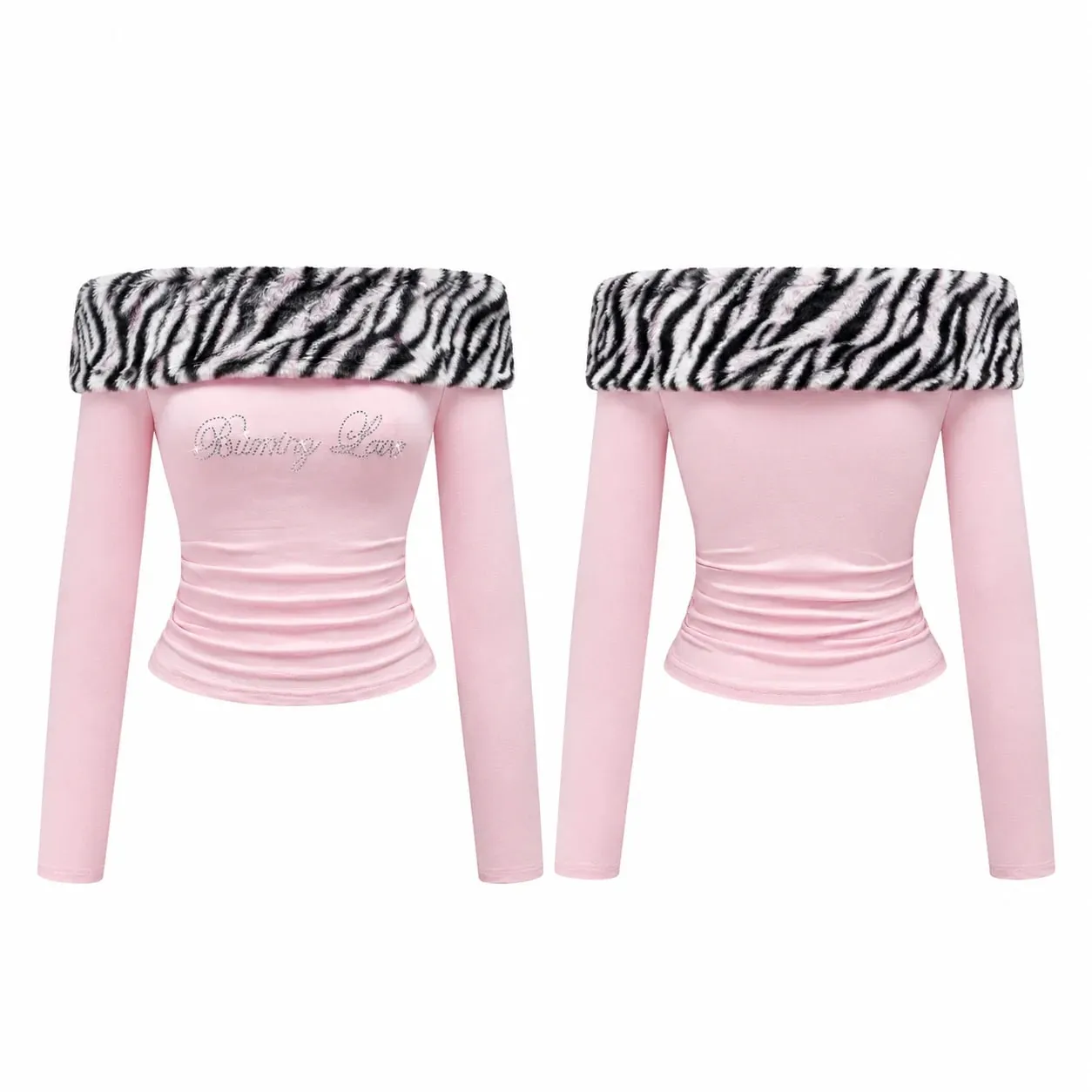 Women Y2K Tiger Print Faux Fur Trim Off Shoulder Top Rhinestone Burning Love Lettering Ruched Waist Fitted Bodycon Cropped Long Sleeve Bardot Tube Top Baddie Going Out Party Club，christmas valentine halloween cosplay costume plus size petit