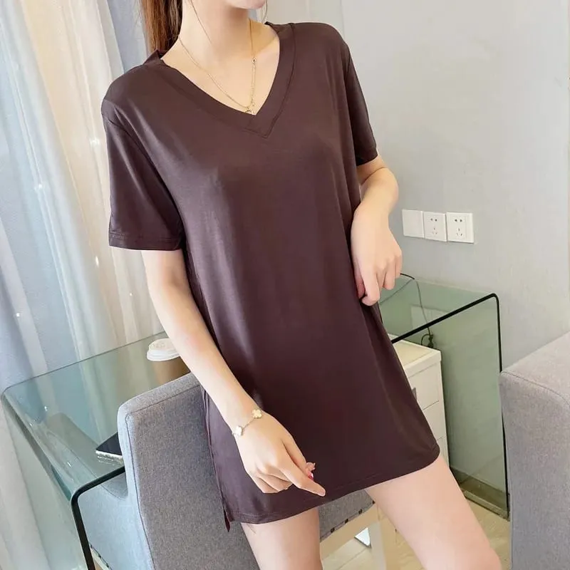 Loose Modal Short Sleeve V-Neck Midi Dress Thin Home Clothes Sleepwear Women's Base Skirt Comfortable plus Size Casual Style