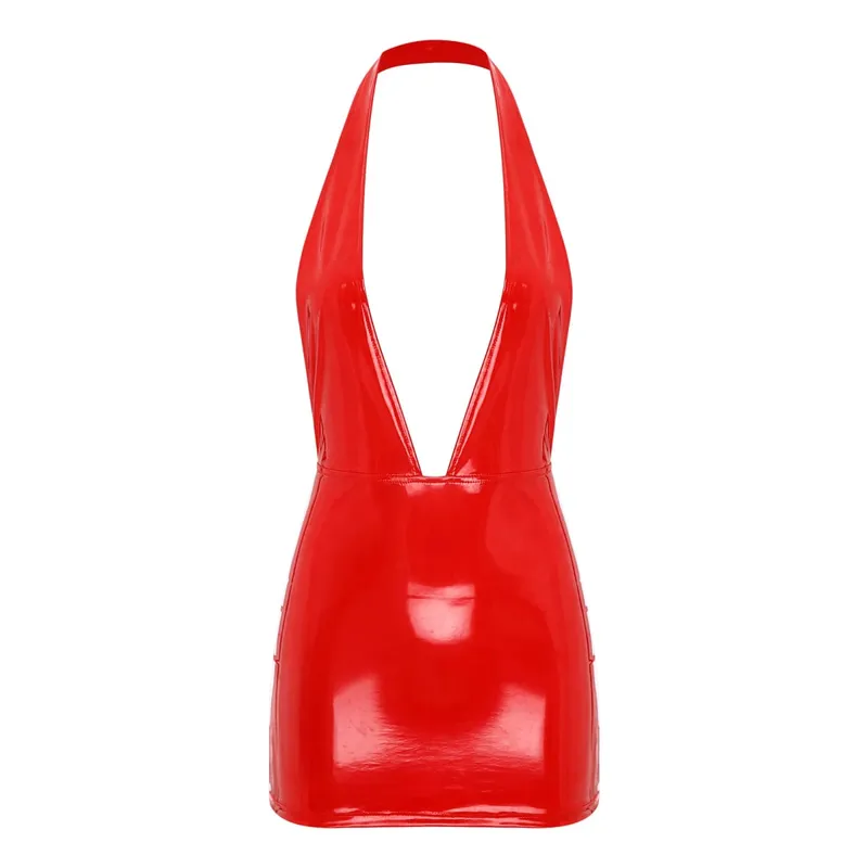 Abito aderente lucido da donna Effetto bagnato Chiusura con cerniera in pelle verniciata Scollo a V Mini abito attillato senza schienale per Rave Party in discoteca