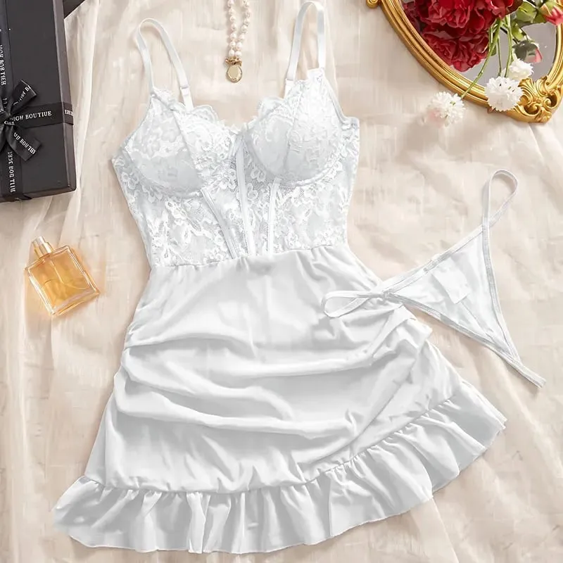 Hot Sexy Lace Splicing Dress Wanita Lingerie See Through Nightdress Solid Slim Leher V Leher Korset Push Up Bra Seluar Dalam Set Thong