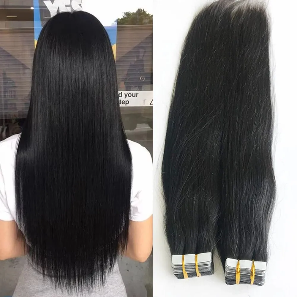Straight Tape In Hair Extensions 50g Natural Black 100% Human Hair Tape Ins Full Head Seamless Invisible Adhesive Glue 26 Inches
