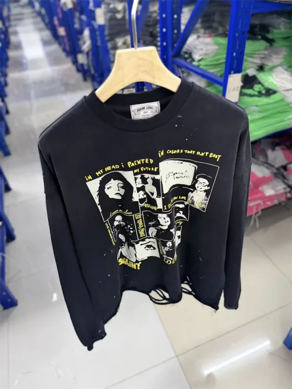 Autumn Winter New Saint Graffiti Print Vintage Washed High Street Casual Loose Cotton Versatile Hoodie Trendy Sports Top Men