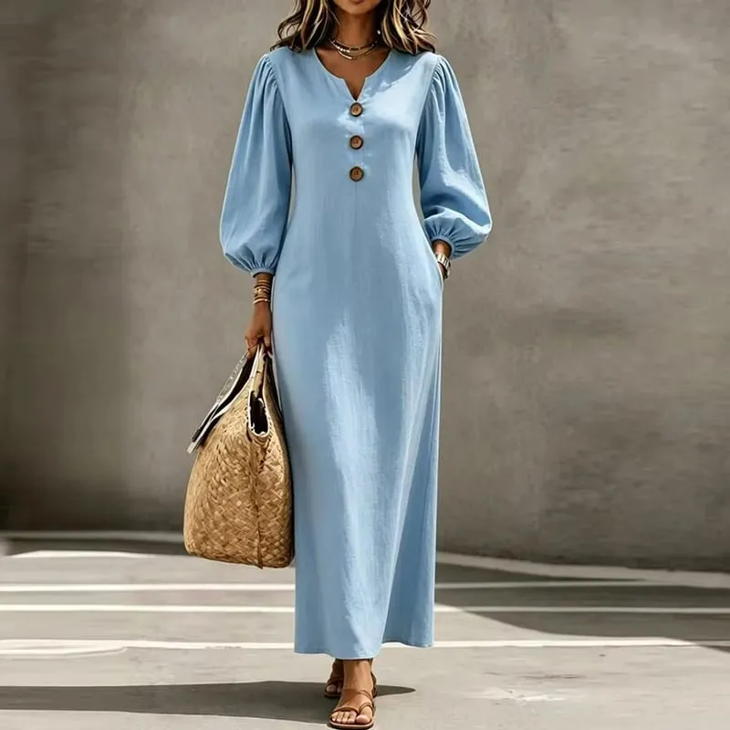 Vintage Casual Long Dress Women V Neck Wrist Puff Sleeve Loose Beach Holiday Dresses Women Casual Button Up Maxi Dresses Robe