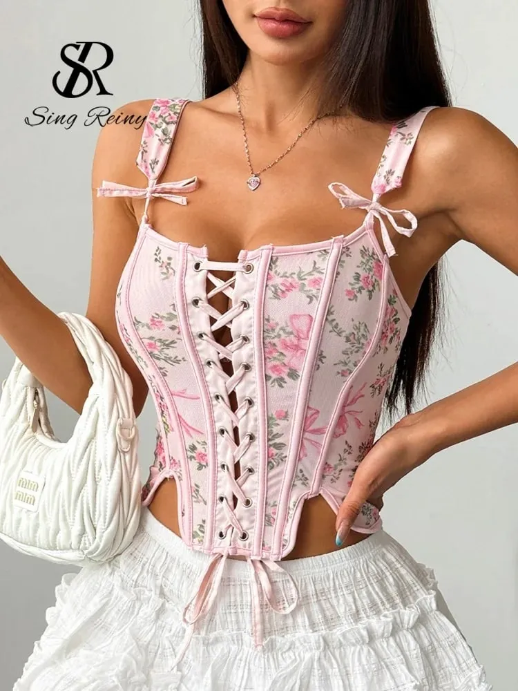 Strap Holiday Floral Corset Top 2026 New Arrival Lace Up Sexyl Shapewear Top Frenc Irregular Bohemian Print Camisole