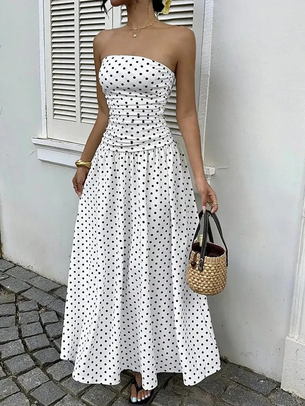 Summer Polka Dot Vintage Strapless Sleeveless Long Prom Dress Women Fashion Off Shoulder Slim Ruffles Tube Maxi Dresses Elegant
