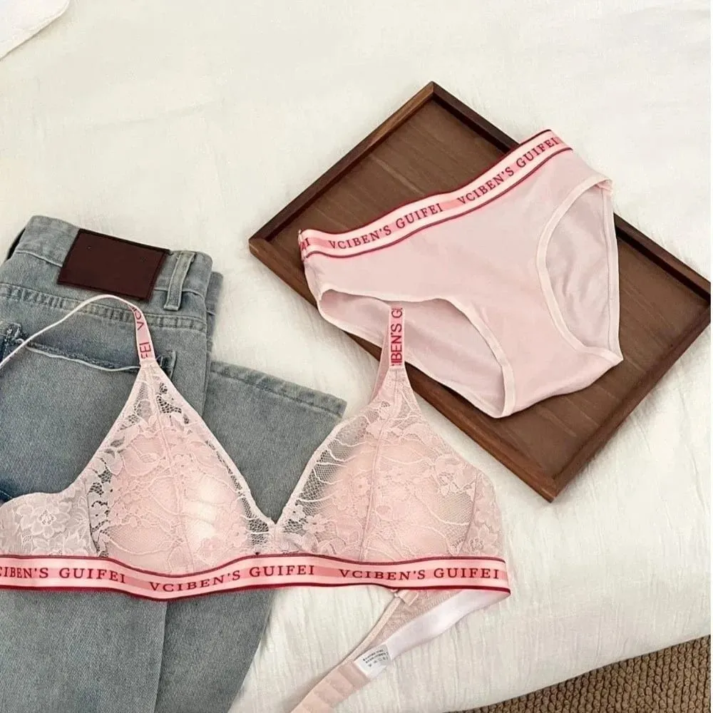 Bra Suit Letter Design Lingerie Set Lace Deep V Women Underwear Suit Wireless Color Blocking Bra Panties Set Daily
