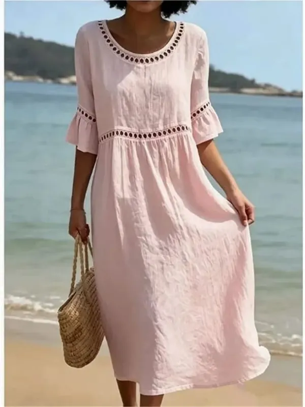 Summer Loose Beach Holiday Long Dress Women Casual Hollow Out Half Sleeve Vacation Sundress Boho Solid Color A-Line Maxi Dresses