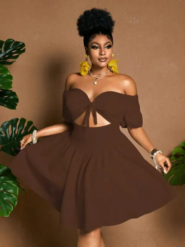 Plus Size Women One-Shoulder Waist-Tie Bubble Sleeve Dress Summer Vacation Style Casual Short Dress Plain Pattern