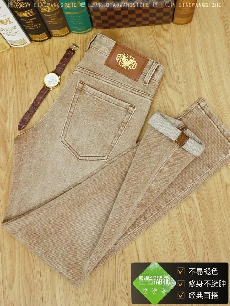 Khaki jeans men in autumn and winter of 2025 high-end light luxury men's clothing elastic small leg pants