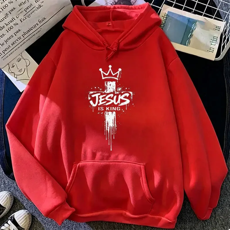 Jesus Is King Graphic Hoodies for Men Cross Crown Print Sweatshirts Christian Faith Casual Tracksuits Religious Street Tops Gift