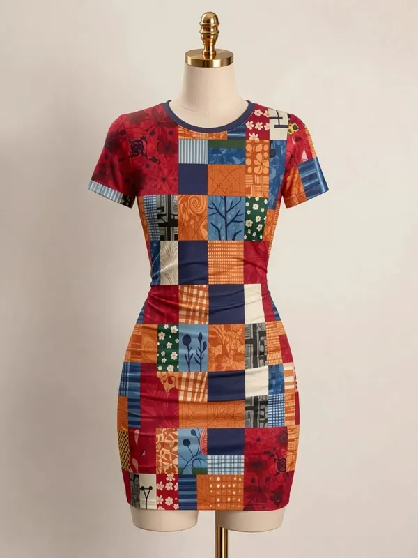 Pakaian Mini Bodycon Lengan Pendek Wanita Slim Fit Leher Krew Cetak Bunga Kasual Pesta Musim Panas Comel Regangan Bergaya Sundress
