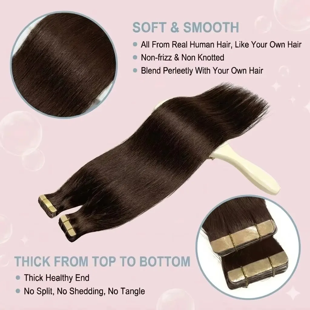 Seamless Brown Tape in Hair Extensions 100% Human Hair Straight 14A Grade Virgin Remy 21pcs 50g Pack Thick End Women #4 Beauty 18 20 22 Inch
