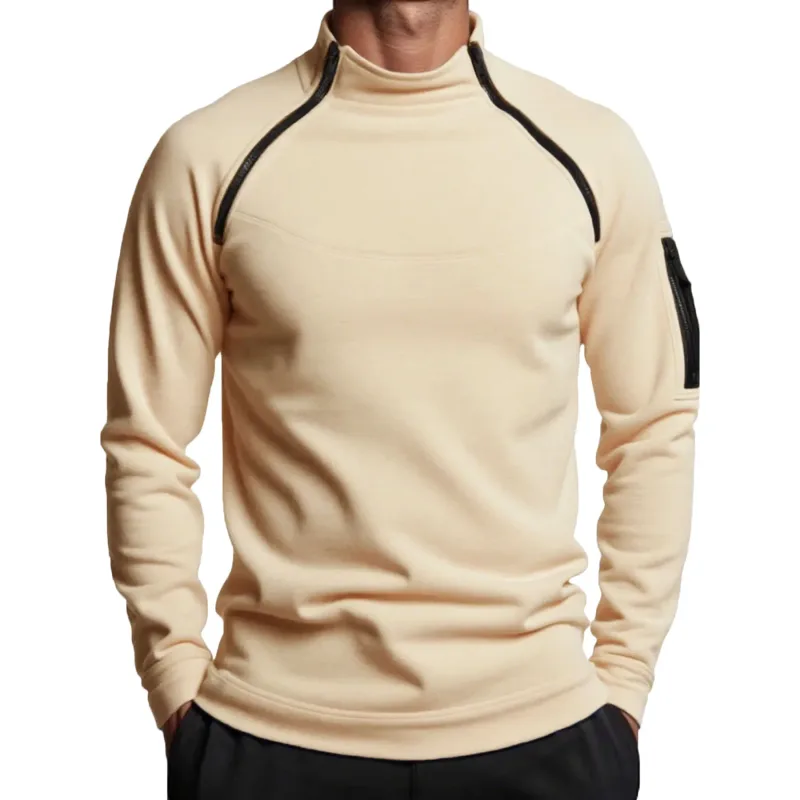 Autumn Winter Men's Polar Fleece Sweatshirt Outdoor Warm Tactical Double Zipper Stand Collar Top Casual Solid Color Sweatshirt