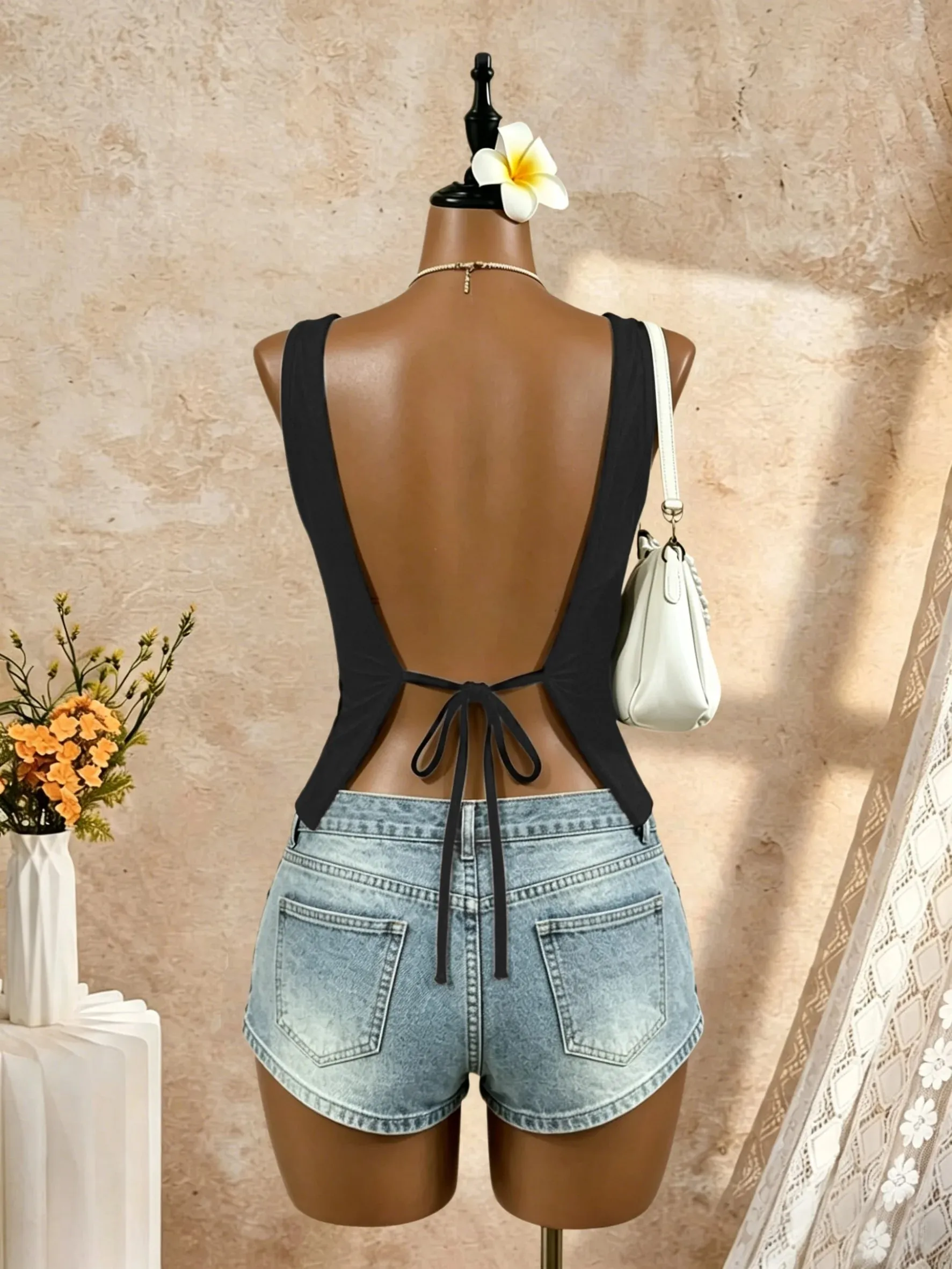 Women Wide Strap Deep V Wrap Front Open Back Tie Slim Crop Camisole 2026 Summer Y2K Going Out Streetwear Tank Tops