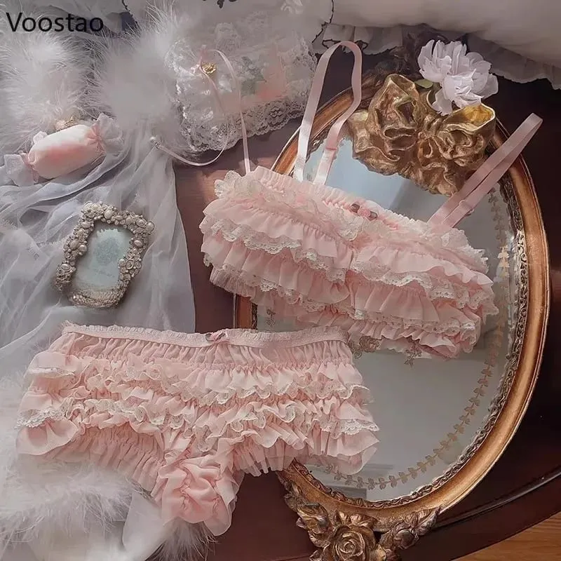 Japanese Sweet Lolita Style Bra Panties Lingerie Set Women Sexy Floral Lace Ruffles Briefs Kawaii Underwear Panty Intimates Sets