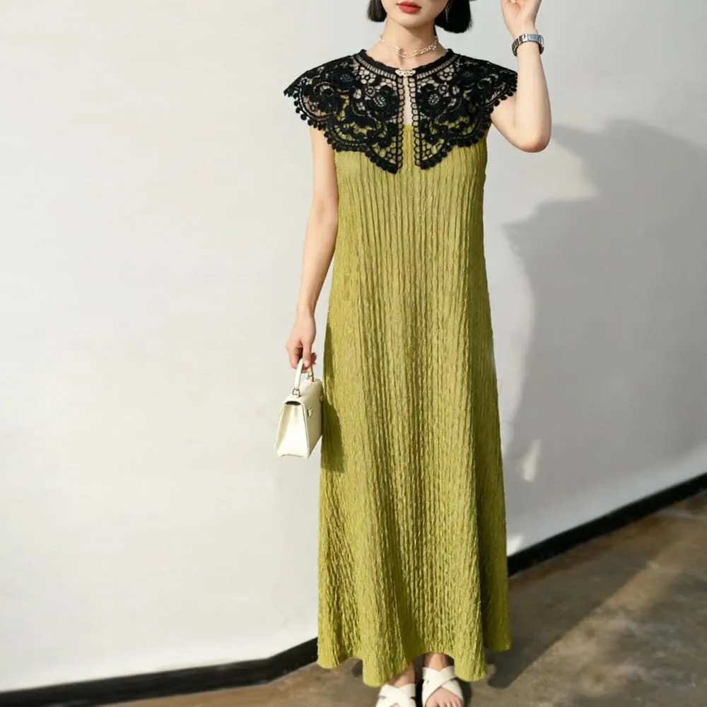 Pleated Sleeveless Elastic Long Dresses Women Vintage Palace Style Womens Black White Doll Fake Collar Soft Midi Dress Clothing