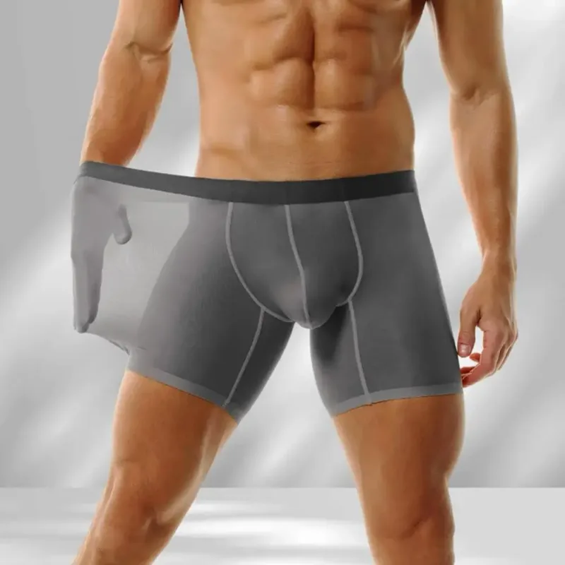 Men Boxer Underwear Elastic Mid-Waist Design Breathable Ultra Thin Seamless Shorts Panties Patchwork Color U-Convex Panties