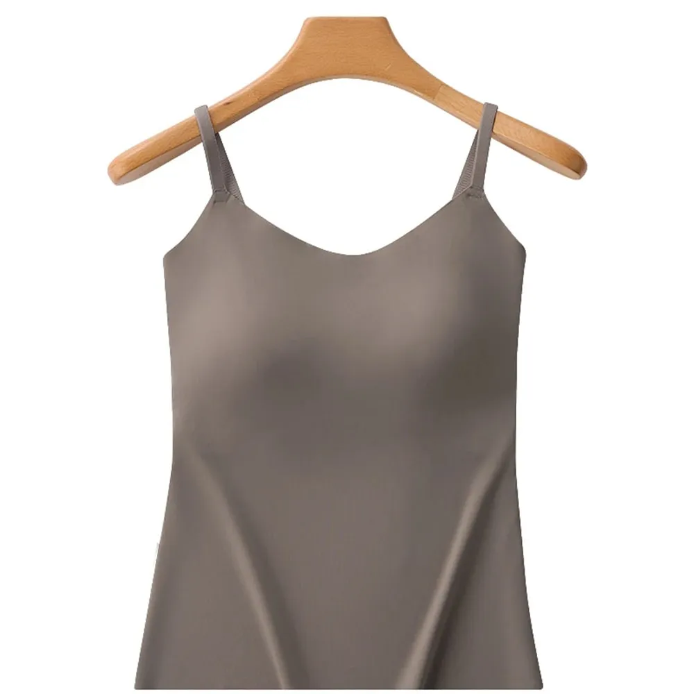 Fashion V-Neck Ice Silk Seamless One-piece Bottoming Tank Tops With Chest Pads Women Inner Top Beautiful Back Sling Long Vest