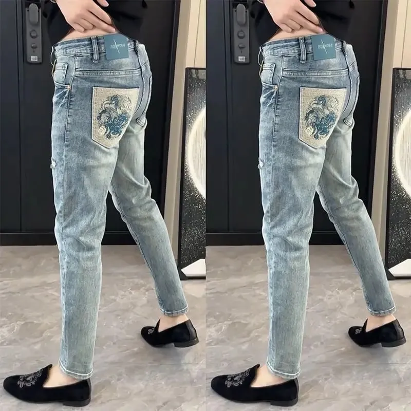 Summer New Slim-fit Men's Jeans Thin Brand Embroidery 2025 Designer Korean Style Clothes Casual Pants Luxury Fashion Pants