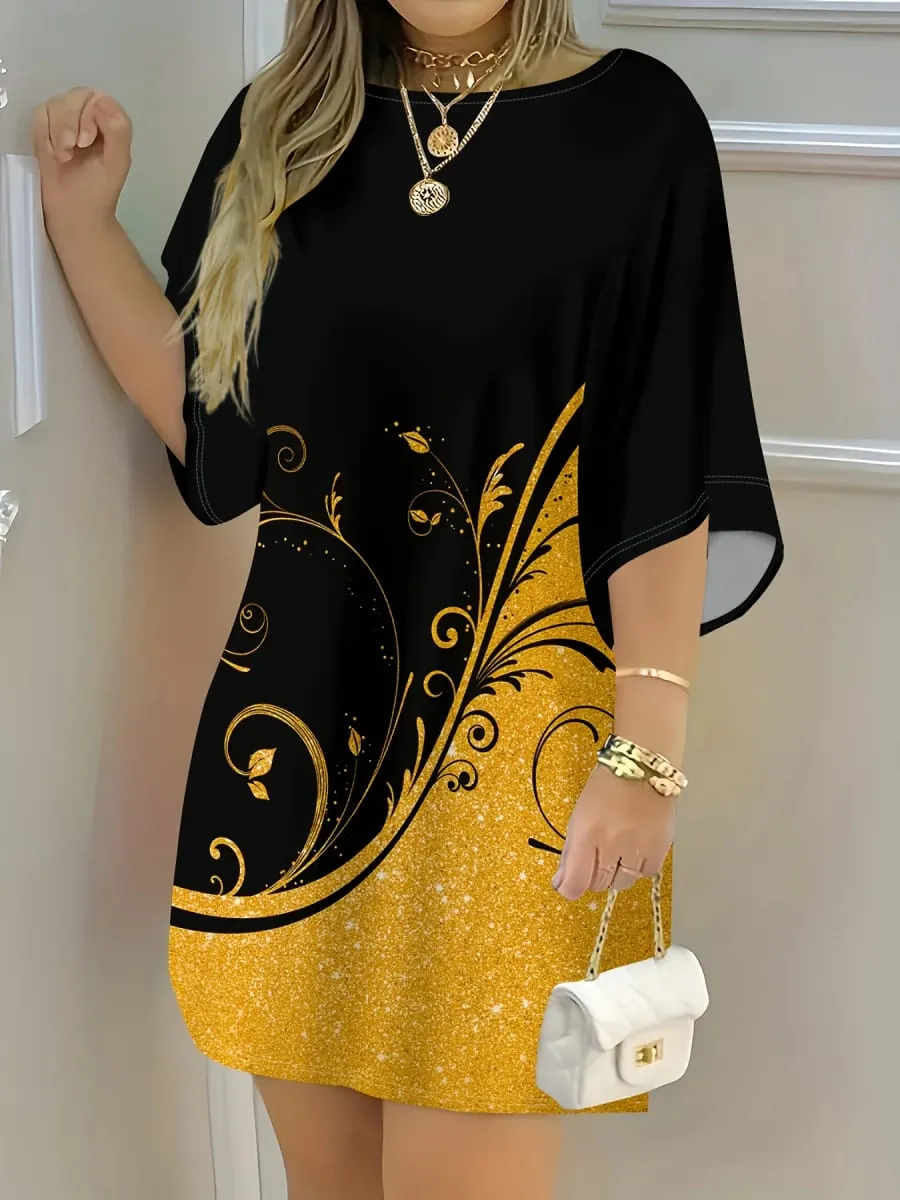 Printed Design black and gold short-sleeved T-shirt dress