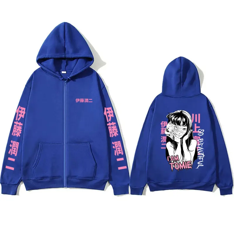 Anime Tomie Junji Ito Zipper Hoodie Men Women Vintage Manga Horror Gothic Zip Up Sweatshirts Men's Cosplay Retro Zip Up Jacket