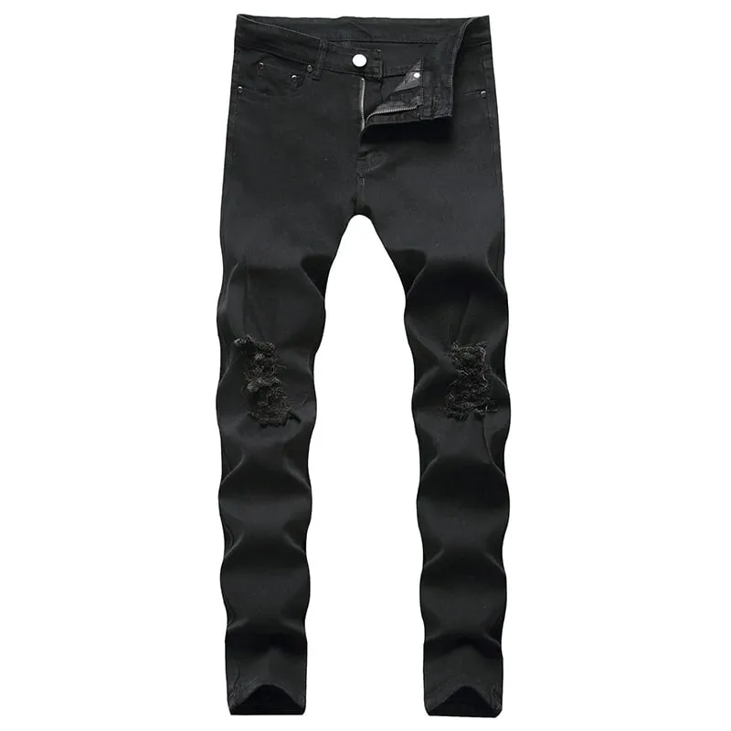Skinny Co Giãn Quần Jeans Rách Nam Đau Khổ Kpop Slim Fit Quần Denim Mỹ Phong Cách Đường Phố Rock Hip Hop Trắng Quần Tây Đen