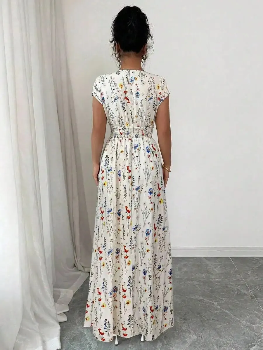 Women's Ditsy Floral V-Neck Sleeveless Waisted Maxi Dress