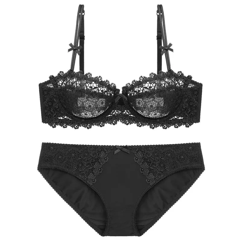 Sutiãs femininos de renda sexy de alta qualidade e breve conjunto de duas peças push up A B C D meio copo fio lingerie de verão preto azul vermelho
