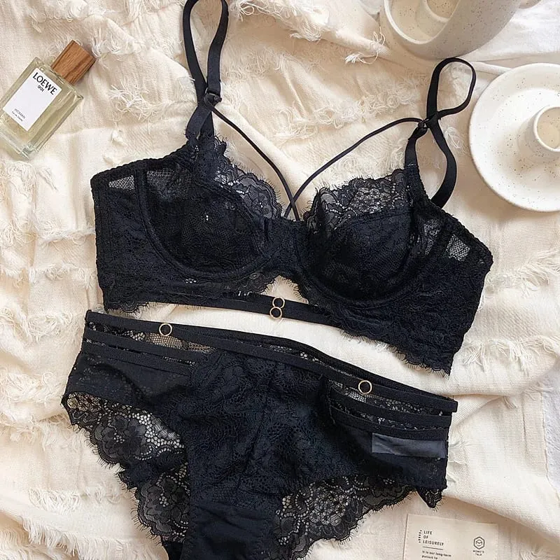2 Pieces Sexy Hollow Push Up Bra Set French Lace Embroidery Underwear para sa mga Babae Summer Ultra Manipis Breathable Intimates Lingerie