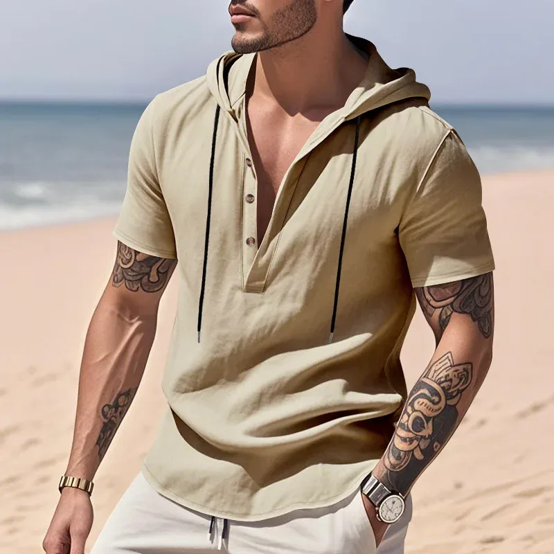 Hoodies men's sweatshirt 2026 summer linen hooded beach casual drawstring short-sleeved T-shirt sweatshirt man's clothing