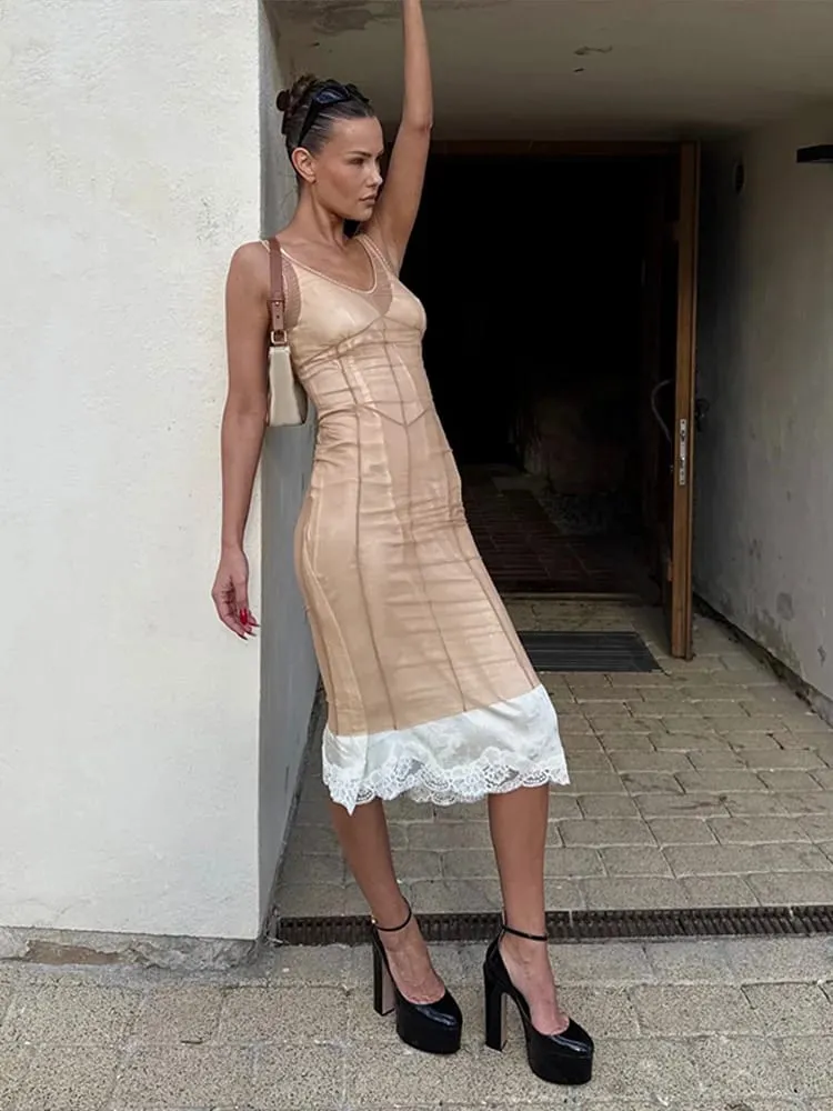 2026 Mesh Overlay Lace Hem Slip Women Dress Urban Patchwork Sleeveless Backless Empire Female Dresses Summer Bodycon Lady Robe