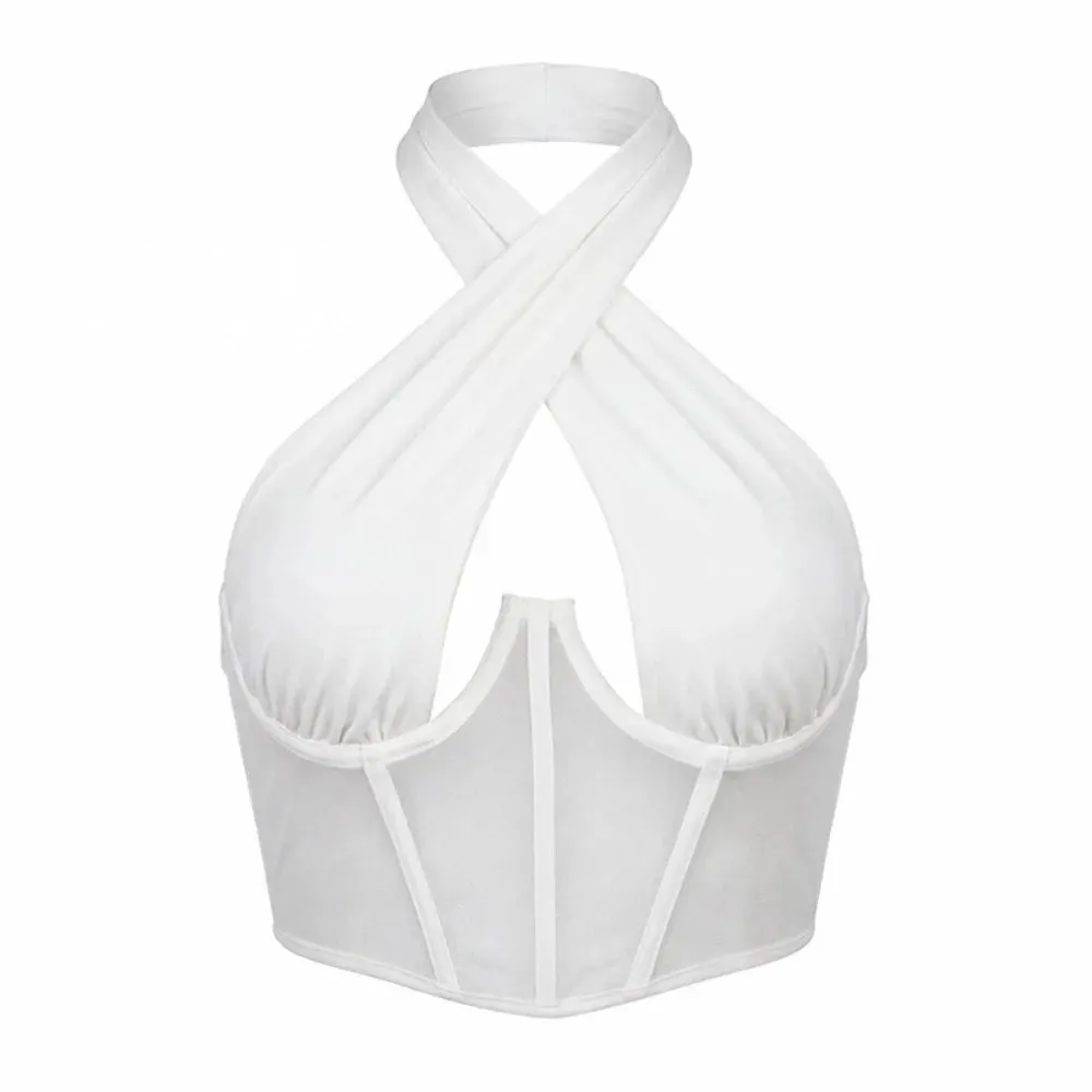 Fashion Solid Color Cross Halter Top Hollow Out Irregular Neckline Sleeveless Top Backless Camisole Summer Clothes