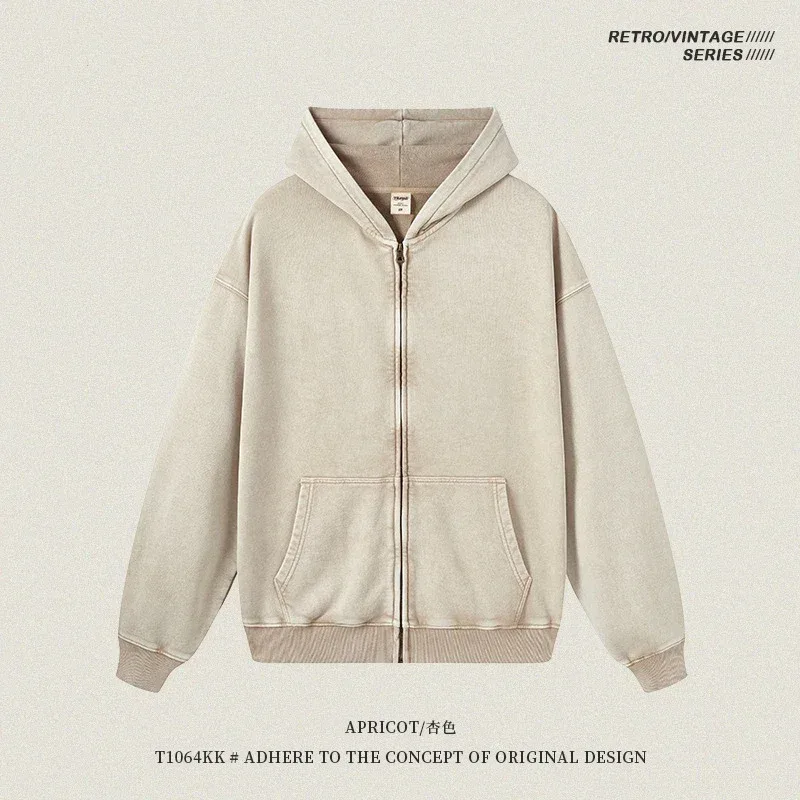 Retro Autumn Batik Washed Zipper Hoodie For Men Unisex Oversized Distressed 420gsm Terry 100% Cotton Hooded Coats HY0936