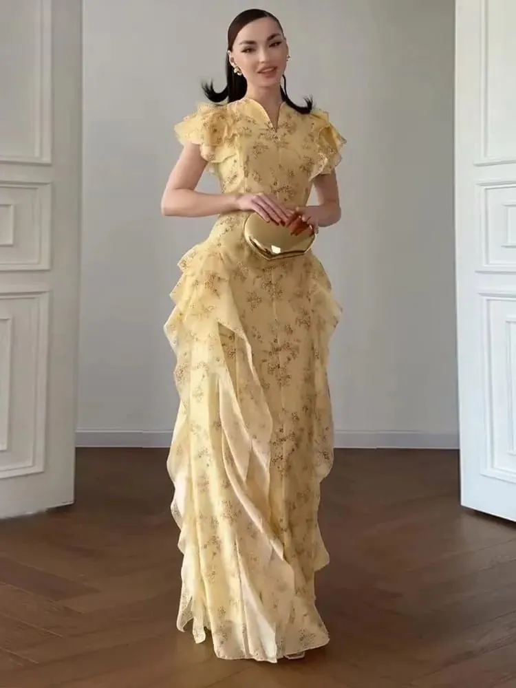 Floral Print Stand Collar Ruffled Tiered Dress Waist Cinched Flutter Sleeve 2026 Summer Women Dress Casual Delicate Lady Vestido